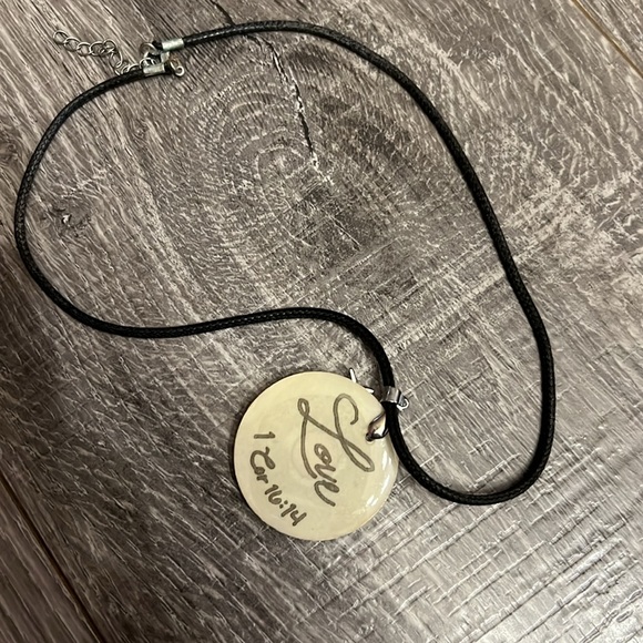 Jesus Pendant Black Necklace Cord Love 1 Cor 16:14 back Jesus Fish Front - Picture 5 of 11